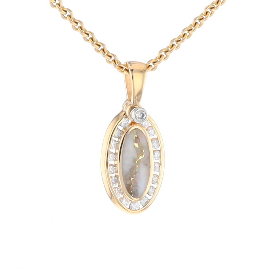 Gold Quartz Pendant Oval Inlaid with .22ctw Round Diamonds Halo