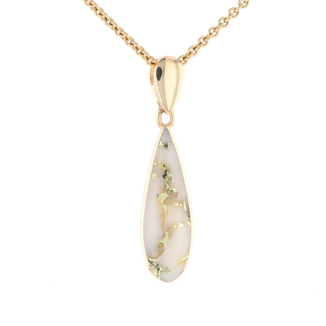 Gold Quartz Pendant Tear Drop Inlaid Design G2