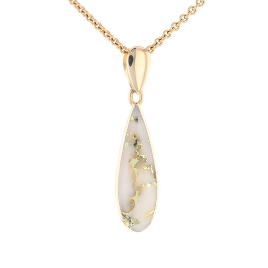 Gold Quartz Pendant Tear Drop Inlaid Design G2