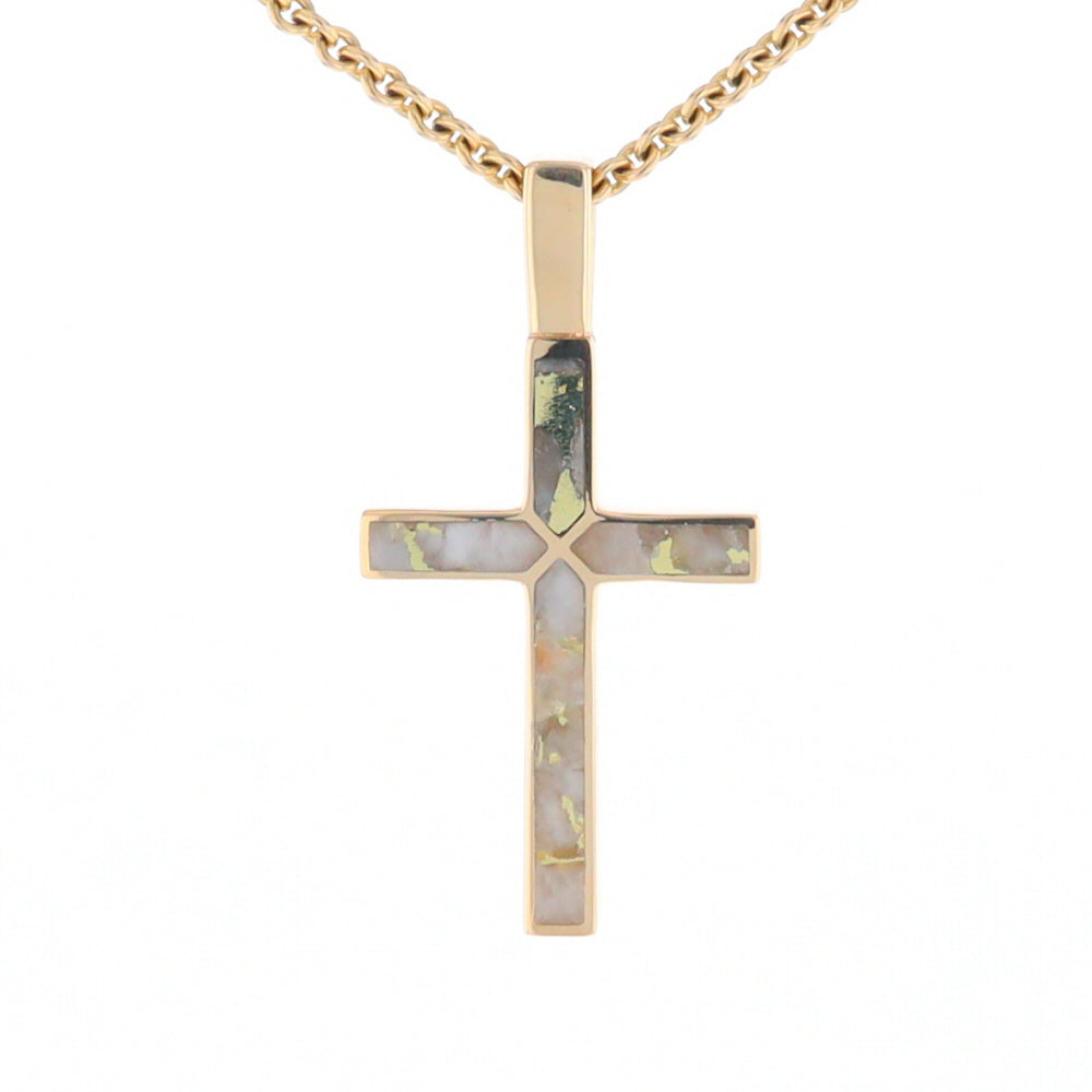 Gold Quartz Necklace 4 Section Inlaid Design Cross Pendant