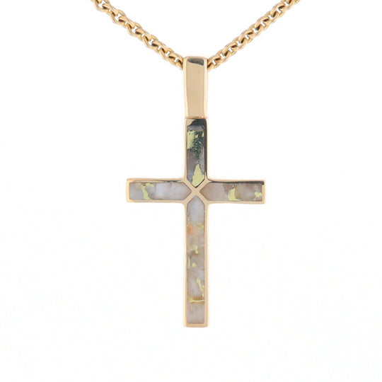 Gold Quartz Necklace 4 Section Inlaid Design Cross Pendant