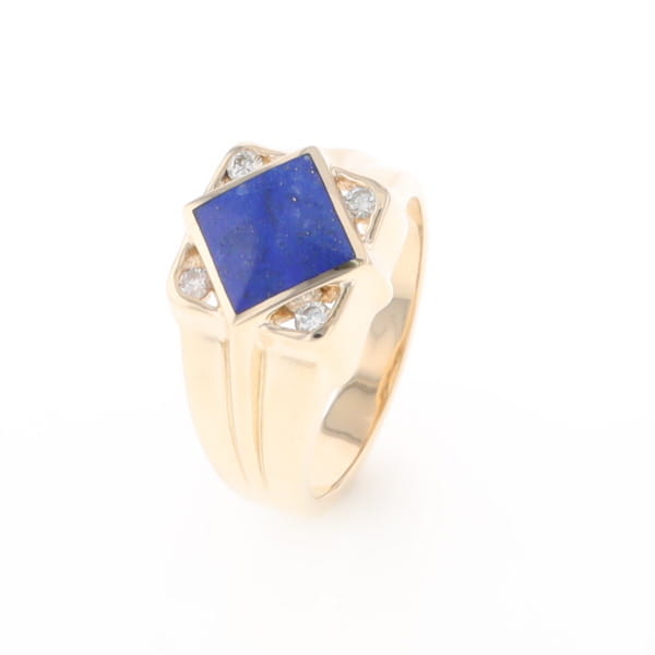 Natural Lapis ring diamond shape inlaid design with .16ctw round diamonds