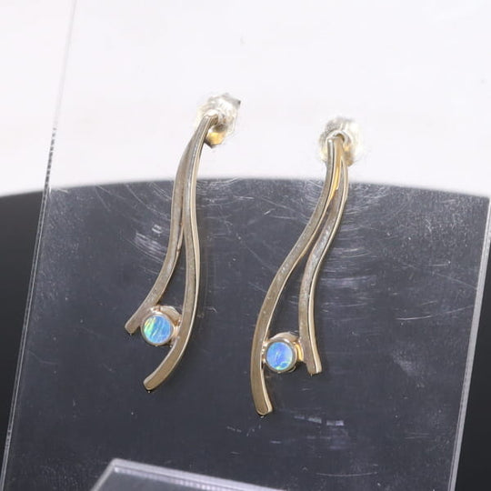 Opal Earrings Round Inlaid Double Curved Bar Design Studs