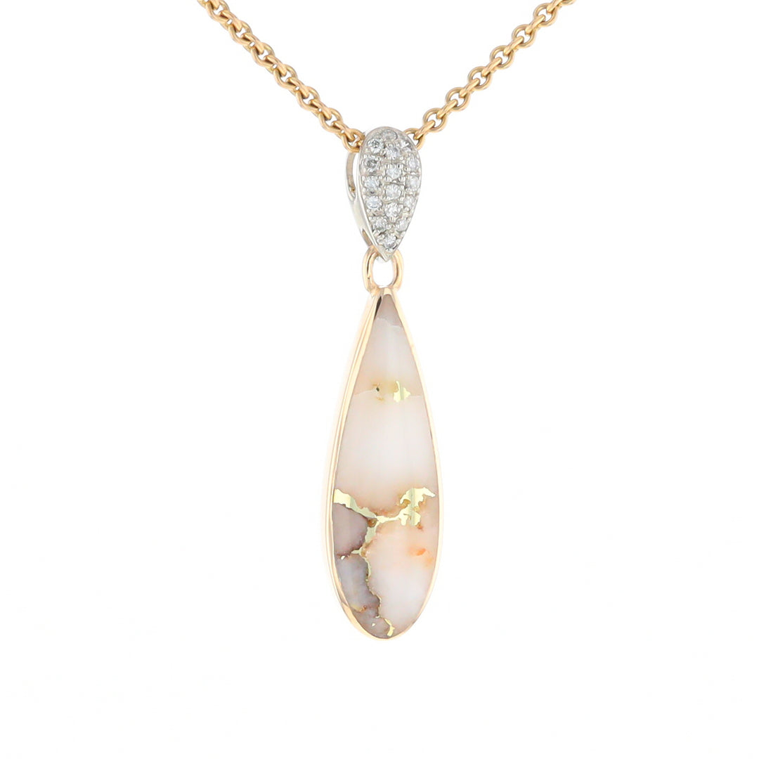 Gold Quartz Necklace, Tear Drop Inlaid Design with .11ctw Diamond Pave Pendant