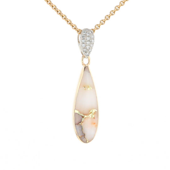 Gold Quartz Necklace, Tear Drop Inlaid Design with .11ctw Diamond Pave Pendant