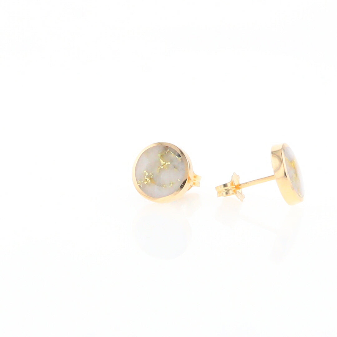 Gold Quartz Earrings 9mm Round Inlaid Studs - G2