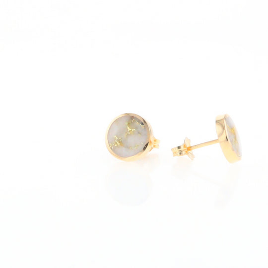 Gold Quartz Earrings 9mm Round Inlaid Studs - G2