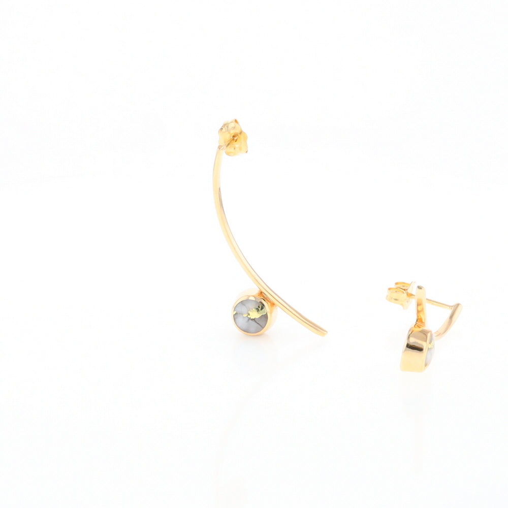 Gold Quartz Earrings Round Inlaid Curved Bar Design