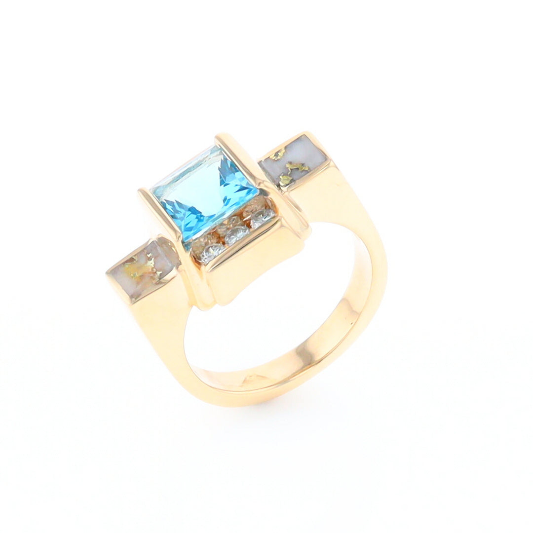 Princess Cut Blue Topaz Gold Quartz 2-Square Inlaid Ring With Diamonds