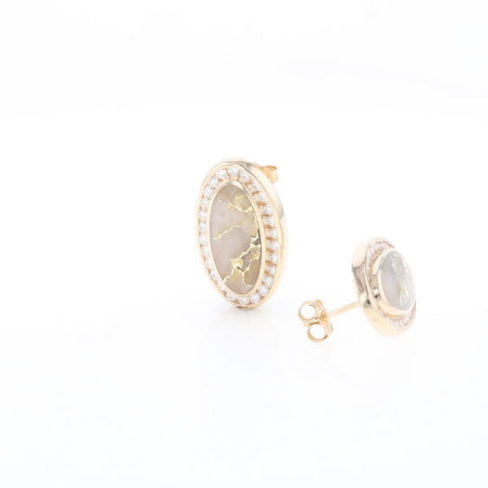 Gold Quartz Earrings Oval Inlaid Design .73ctw Round Diamonds Halo G2
