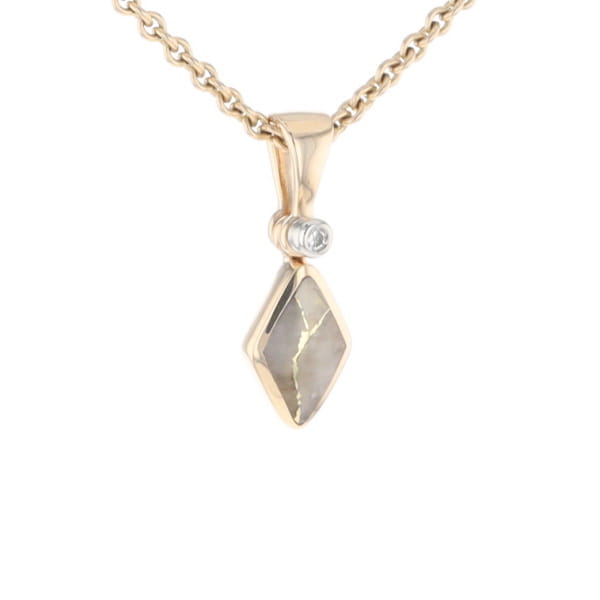Gold Quartz Necklace Diamond Shape Inlaid Pendant with .02ct Diamond
