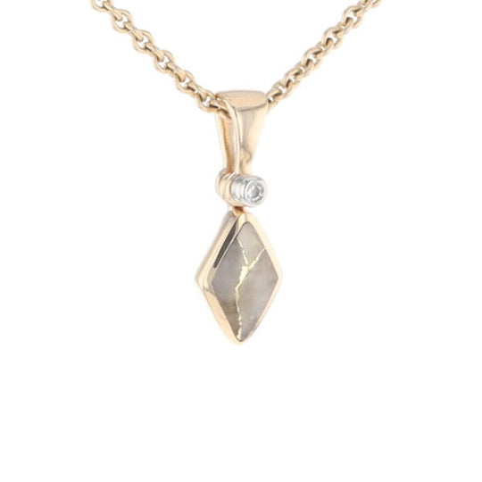 Gold Quartz Necklace Diamond Shape Inlaid Pendant with .02ct Diamond