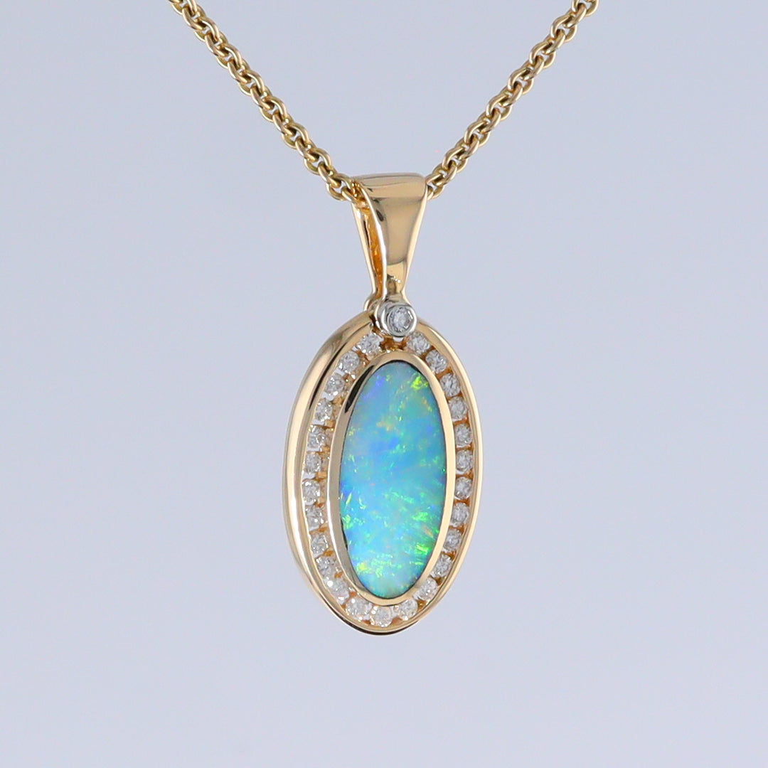 Opal Pendant Oval Inlaid Design with .37ctw Round Diamonds Halo