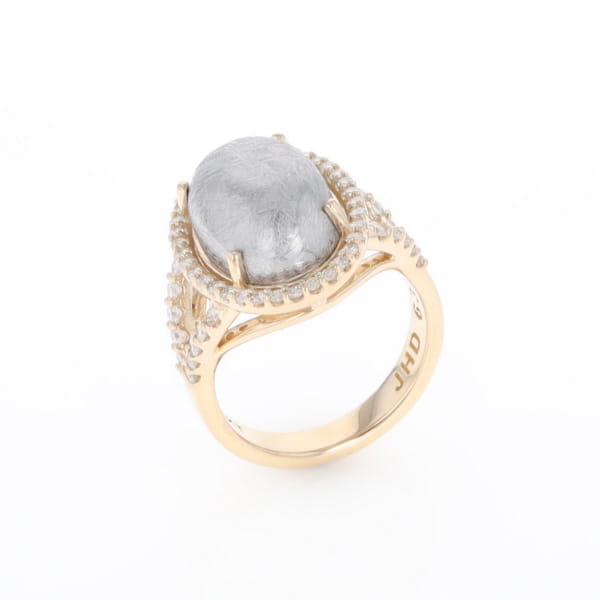 Meteorite Ring Oval Cabochon 0.65ctw Round Diamonds Halo