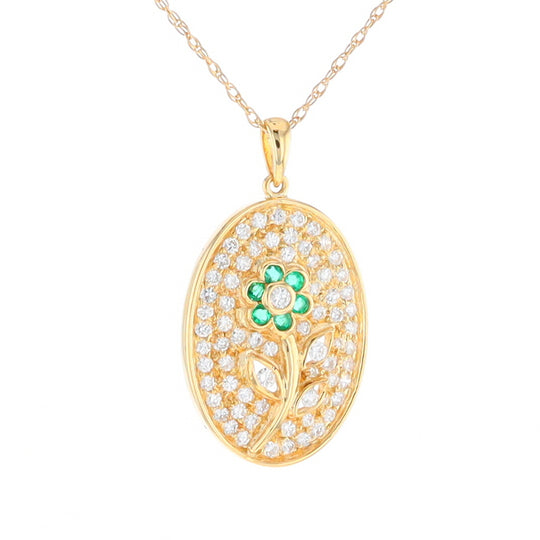 Emerald and Diamond Encrusted Oval Flower Pendant