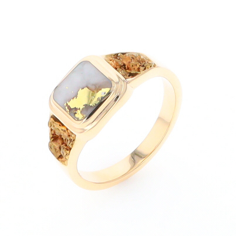 Gold Quartz Ring Square Inlaid Design Double Natural Nugget Sides