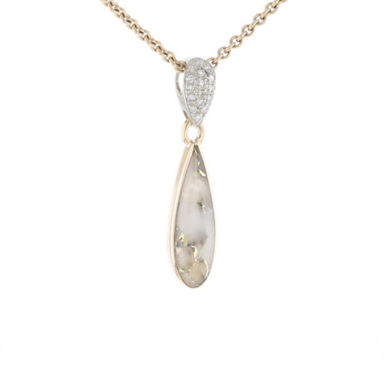 Gold Quartz Necklace Tear Drop Inlaid Pendant with .11ctw Diamonds