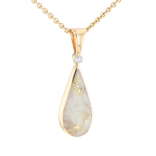 Gold Quartz Necklace Tear Drop Inlaid Pendant with .02ct Diamond