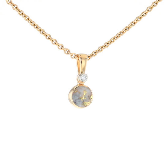 Gold Quartz Necklace Round Inlaid Pendant with .02ct Round Diamond