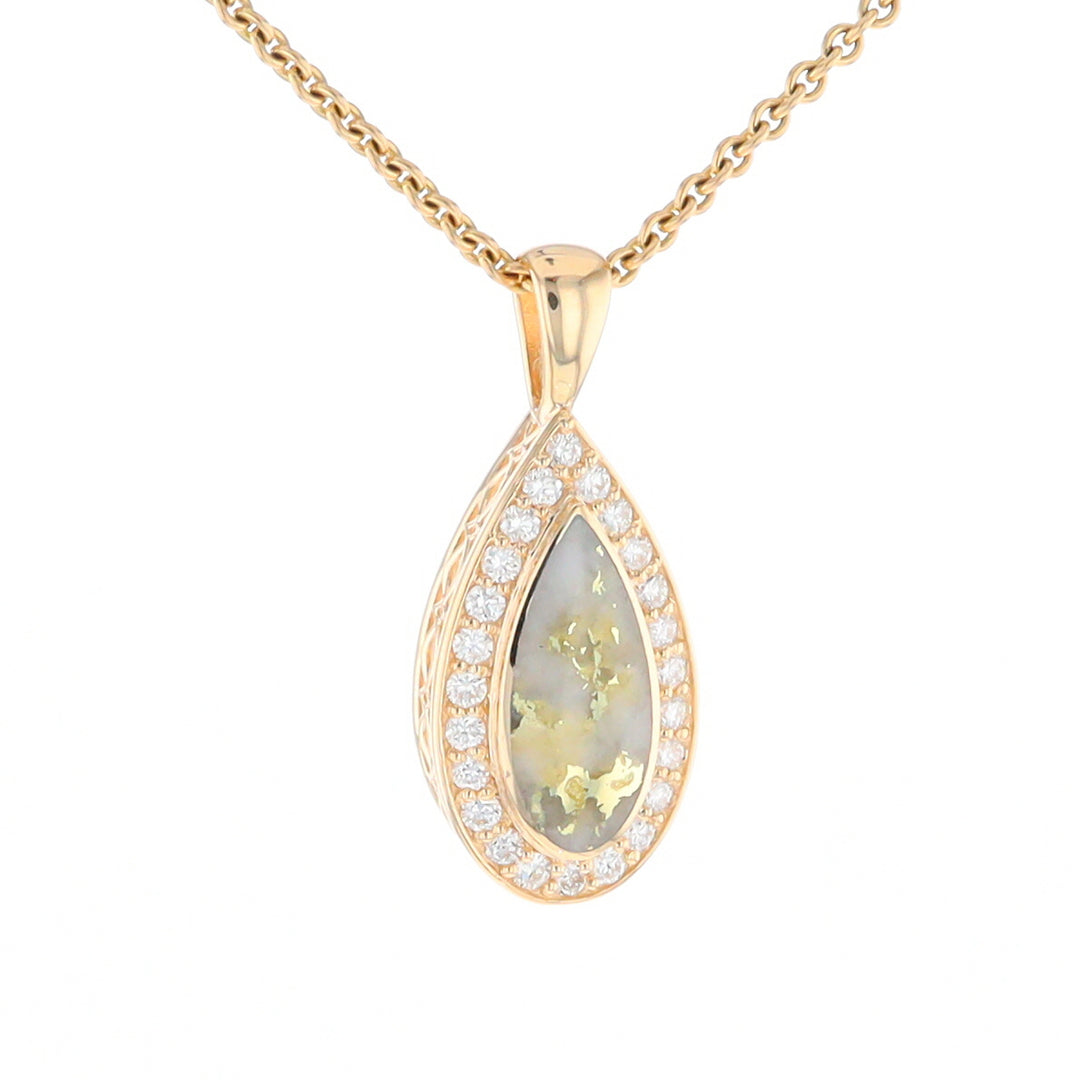 Gold Quartz Pendant Tear Drop Inlaid .42ctw Diamond Halo Design