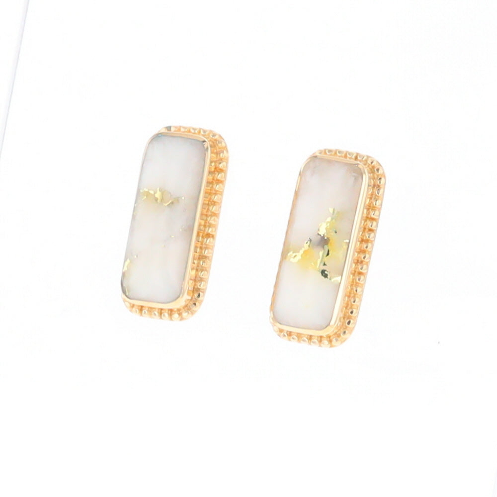 Gold Quartz Earrings Rectangle Inlaid Milgrain Design - G2