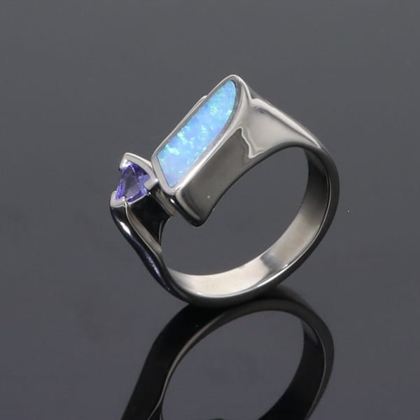 Opal Rings Geometric Inlaid Design with Tanzanite and .08ctw Diamonds
