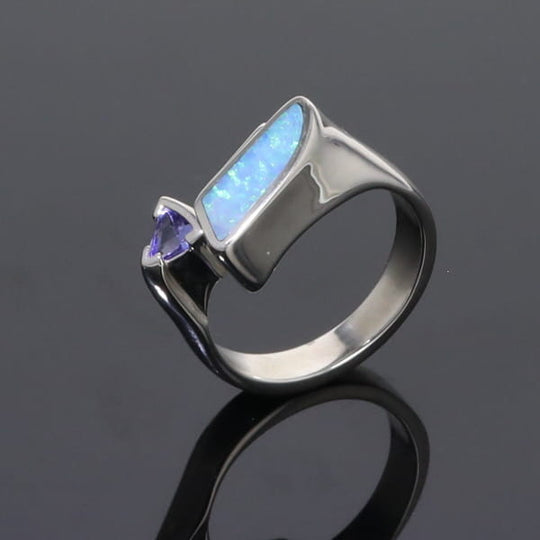 Opal Rings Geometric Inlaid Design with Tanzanite and .08ctw Diamonds