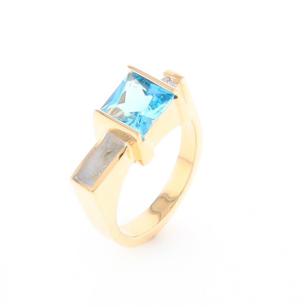 Gold Quartz Ring Rectangle Inlay Swiss Blue Topaz .06ct Round Diamond