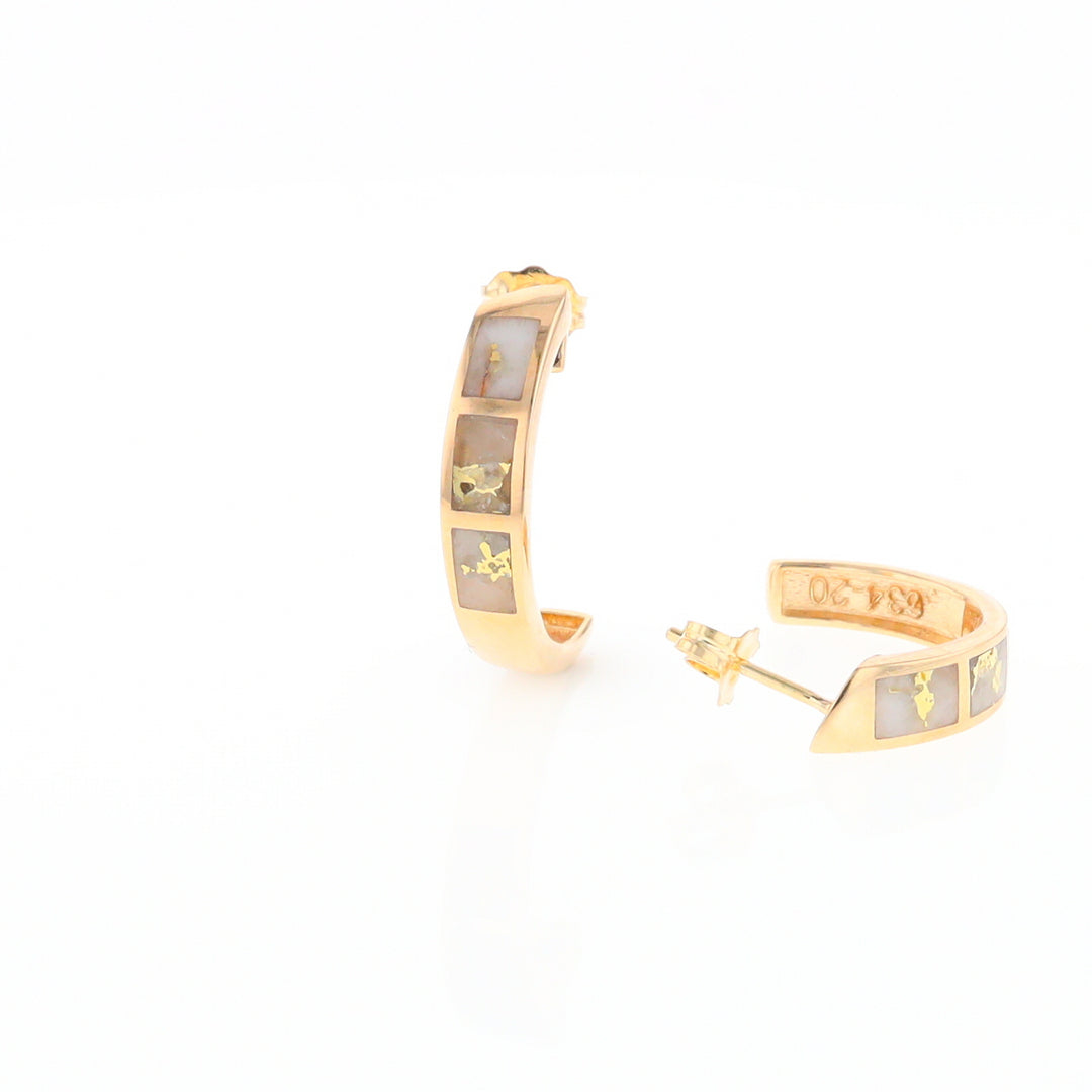 Gold Quartz Hoop Earrings 3 Section Inlaid Design