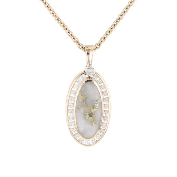 Gold Quartz Necklace .37ctw Halo Diamond Oval Inlaid Pendant