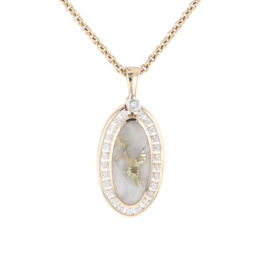 Gold Quartz Necklace .37ctw Halo Diamond Oval Inlaid Pendant