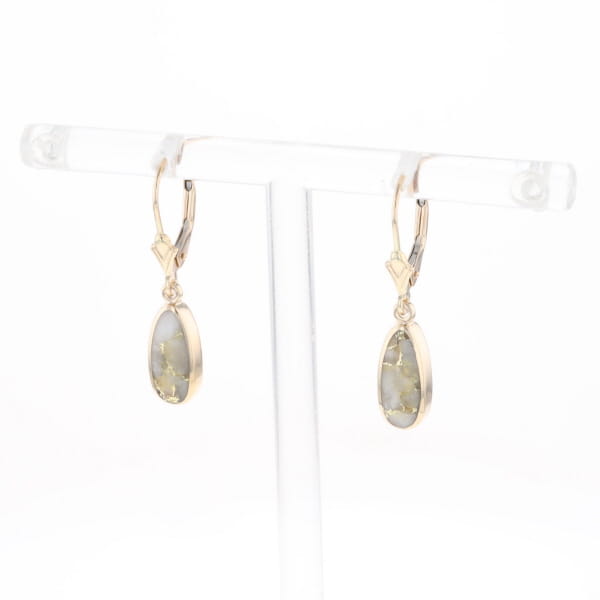 Gold Quartz Earrings Tear Drop Inlaid Lever Backs