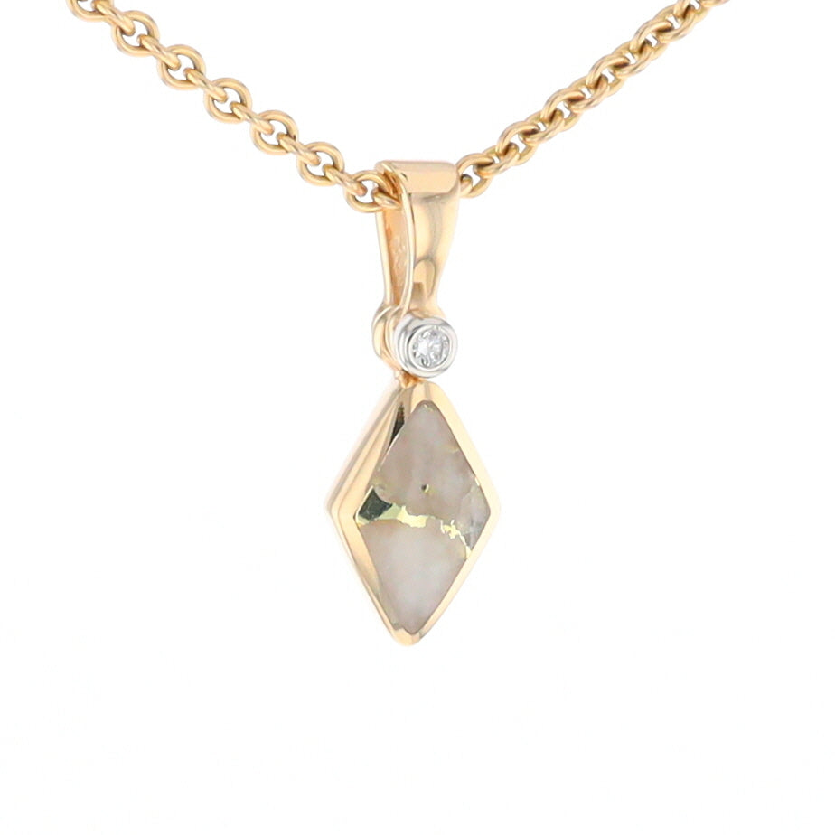 Gold Quartz Necklace Diamond Shape Inlaid Pendant with .02ct Diamond