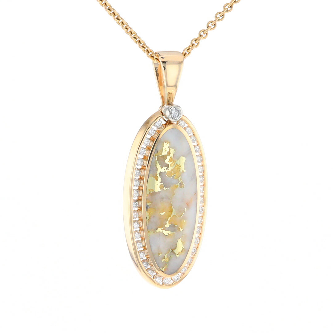 Gold Quartz Necklace .54ctw Halo Diamond Oval Inlaid Pendant