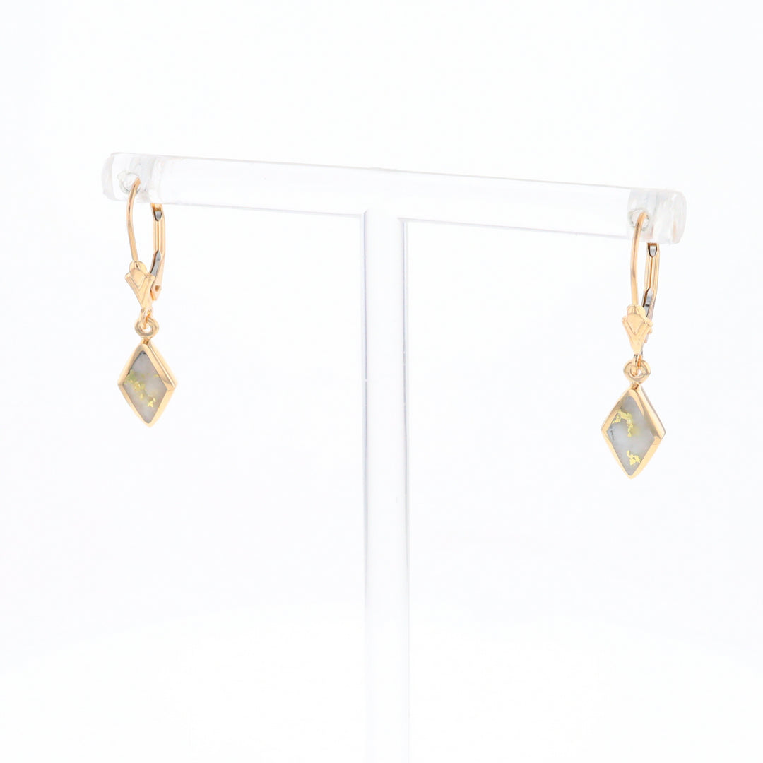 Gold Quartz Earrings Diamond Shape Inlaid Lever Backs G1