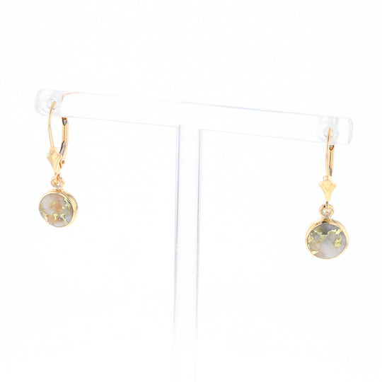 Gold Quartz Earrings Round Inlaid Design Lever Backs