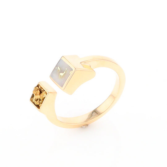 Gold Quartz Ring Natural Nuggets Inlaid Wrap Double Square Design