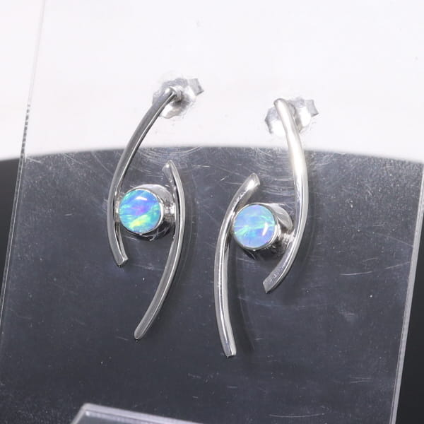 Opal Earrings Round Inlaid Double Curved Bar Design Studs