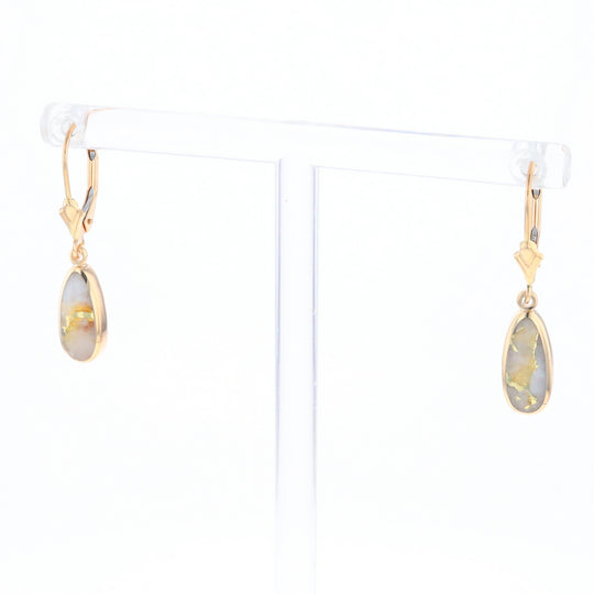 Gold Quartz Earrings Tear Drop Inlaid Lever Backs