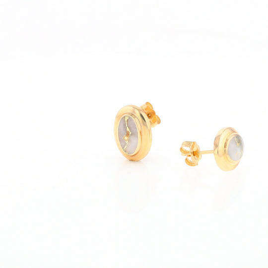Gold Quartz Earrings Oval Inlaid Design Studs G2