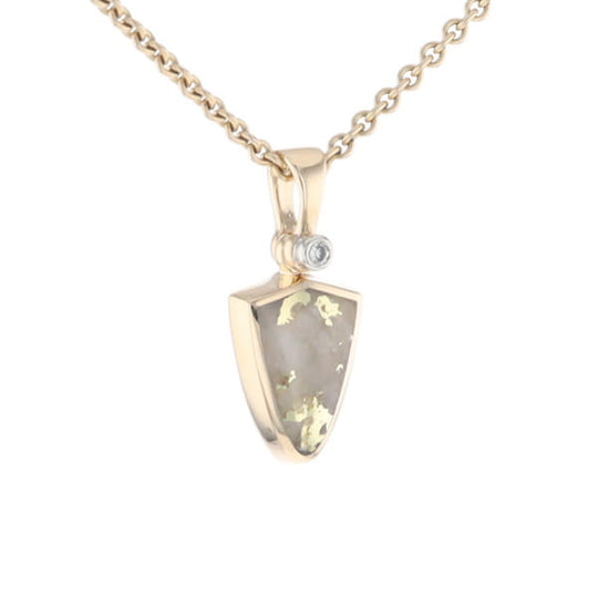 Gold Quartz Pendant Shield Shape Inlaid Pendant with .02ct Diamond