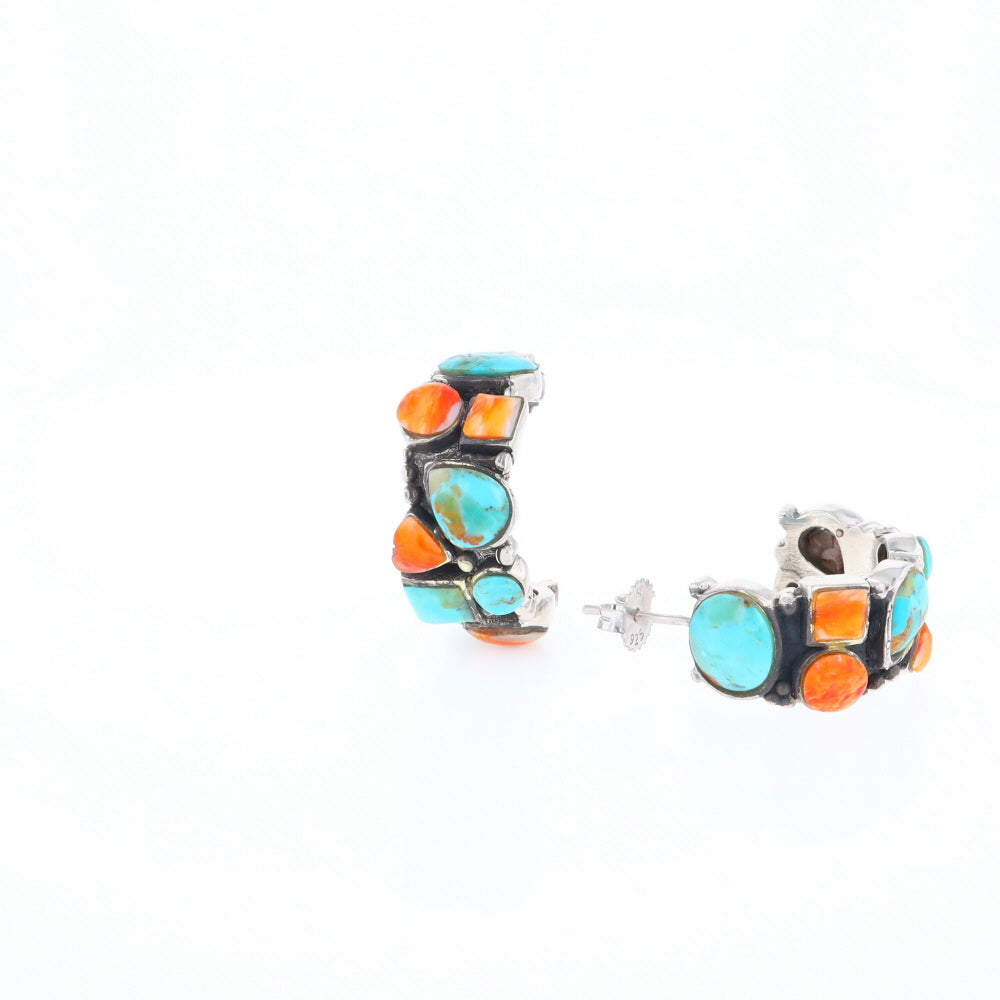 Turquoise & Spiny Oyster Semi-Hoop Stud Earrings