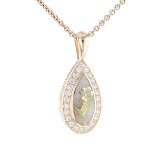 Gold Quartz Pendant Tear Drop Inlaid .42ctw Diamond Halo Design