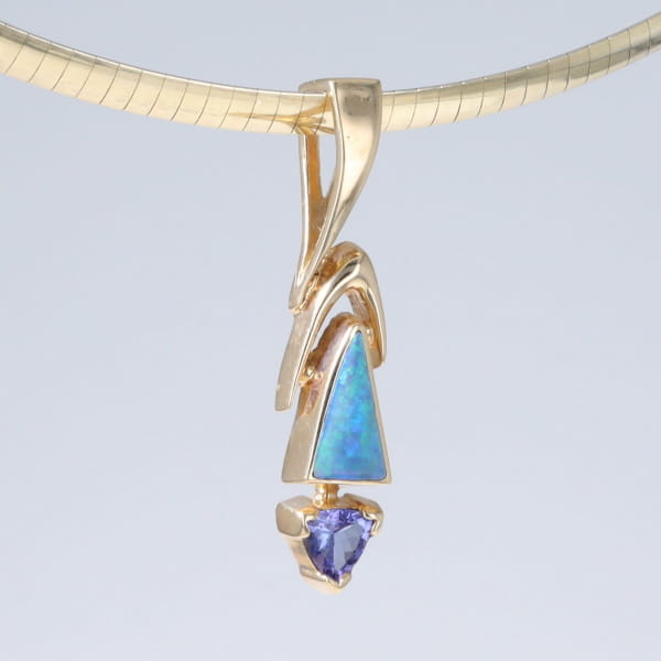 Opal Pendant Triangle Inlaid Design with Trillion Cut Tanzanite