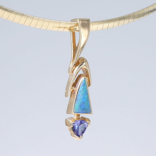 Opal Pendant Triangle Inlaid Design with Trillion Cut Tanzanite