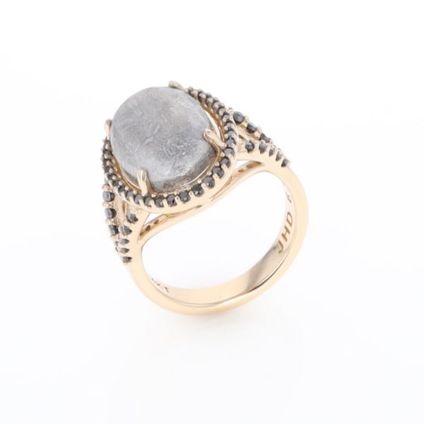 Meteorite Ring Oval Cabochon 0.65ctw Round Black Diamonds Halo