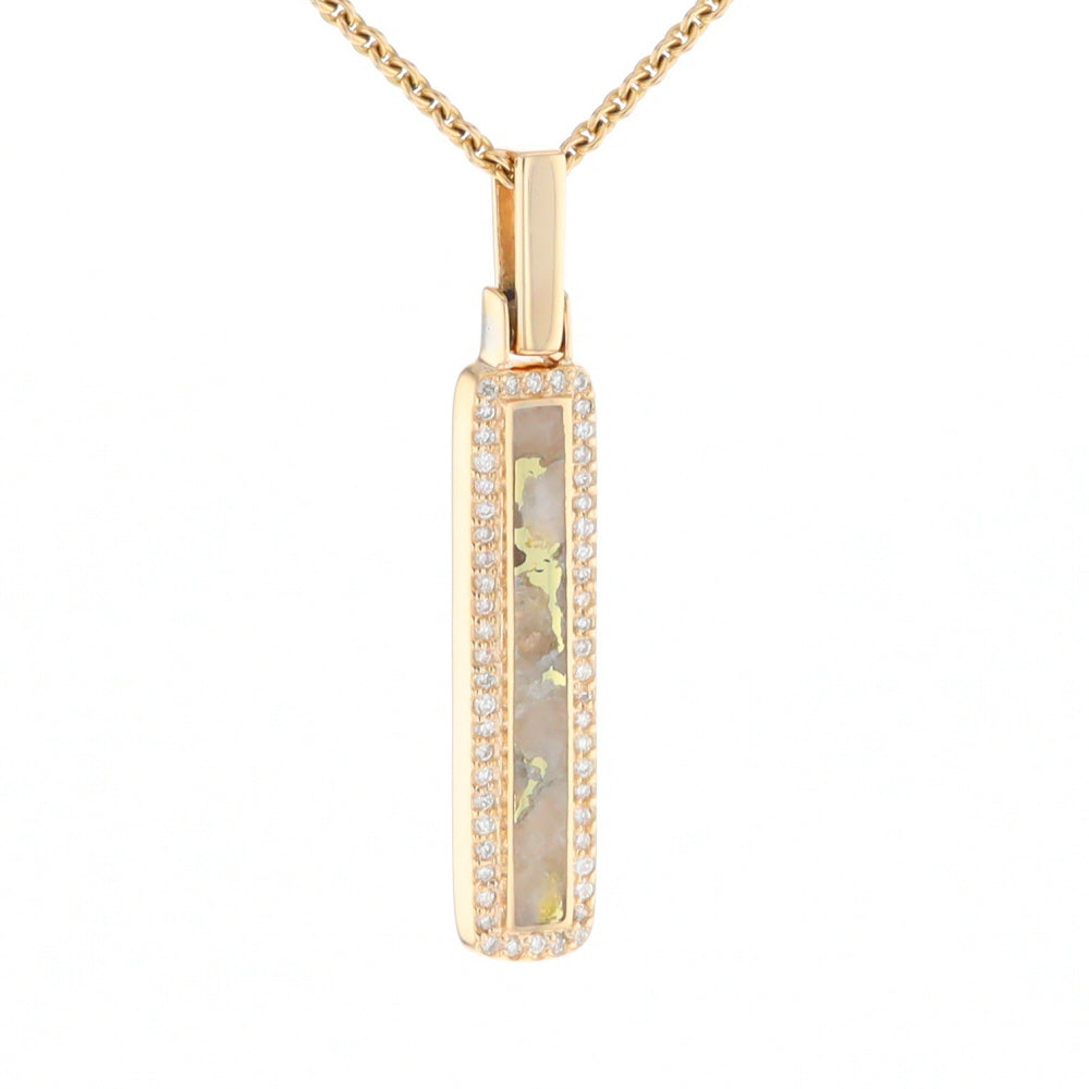 Gold Quartz Necklace, Rectangle Inlaid, .27ctw Diamond Halo Pendant