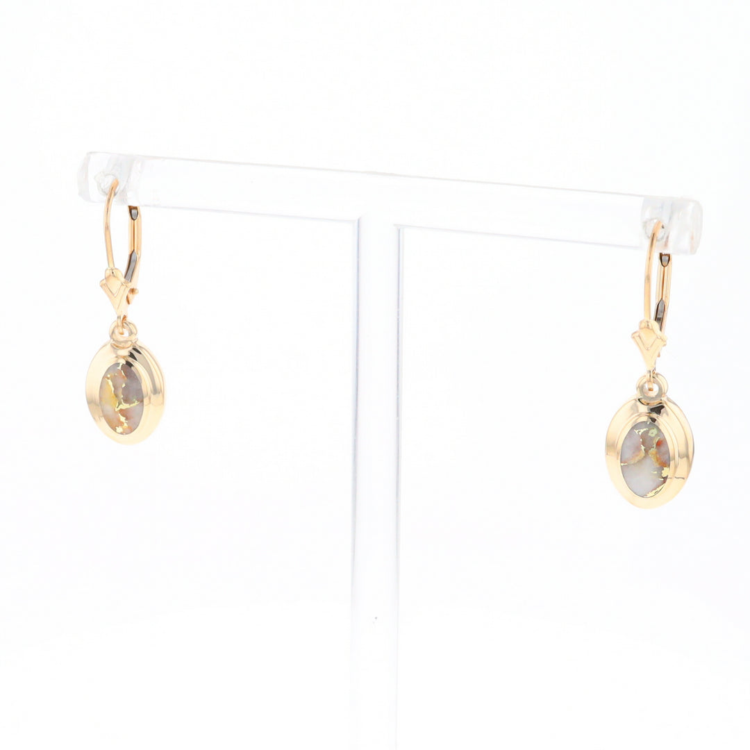 Gold Quartz Earrings Oval Inlaid Design Lever Backs - G2