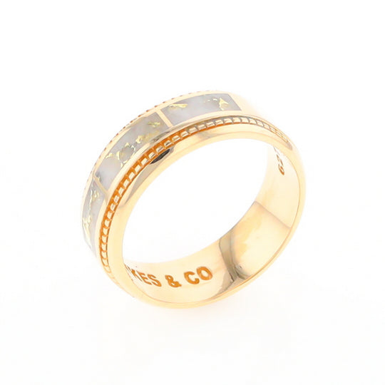 Gold Quartz Ring 3 Section Rectangle Inlaid Milgrain Border Band