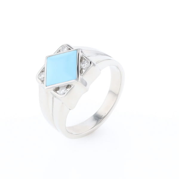 Natural Sleeping Beauty Turquoise ring diamond shape inlaid design with .16ctw round diamonds